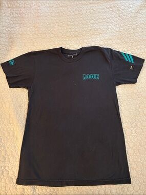 Rogue Black Short Sleeve Tee with Teal Logo and Sleeve Stripes